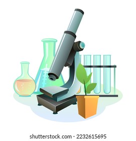 Objekte Chemie. Stillleben. Bilder von wissenschaftlichen Gegenständen. Untersuchung lebender Zellen von Pflanzen, Tieren und Menschen. Einzeln auf weißem Hintergrund. Vektorgrafik