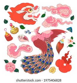 Objects in Chinese style. Dragon head, flowers, leaves, bottle, vessel, shell, ornament elements, peacock, fire, clouds, wind Isolated on white background. Vector illustration. Buddhist painting. 
