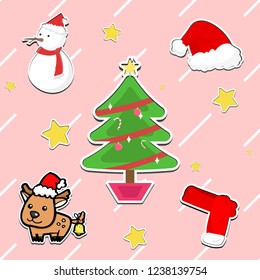 objects for christmas snowman, christmas tree, hat, scarf and reindeer on red background, vector illustrator