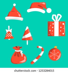 objects christmas symbols red with white isolated on background. Santa s cap, bell, Christmas-tree decoration ball, gift with ribbon, bag with gifts, caramel cane, sugar Christmas tree