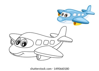 Objects Coloring Book for Preschool Kids with Stickers. Colorful and Colorless Versions of Airplane. Ready for Print. Kids Activity Educational Printable