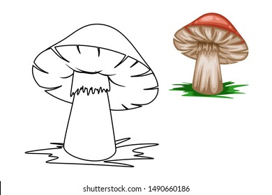 Objects Coloring Book for Preschool Kids with Stickers. Colorful and Colorless Versions of Mushroom. Ready for Print. Kids Activity Educational Printable