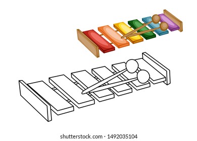 Objects Coloring Book for Preschool Kids with Stickers. Colorful and Colorless Versions of Xylophone. Ready for Print. Kids Activity Educational Printable