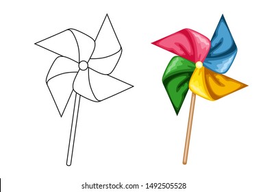 Objects Coloring Book for Preschool Kids with Stickers. Colorful and Colorless Versions of Windmill. Ready for Print. Kids Activity Educational Printable