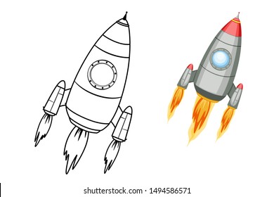 Objects Coloring Book for Preschool Kids with Stickers. Colorful and Colorless Versions of Rocket Ship. Ready for Print. Kids Activity Educational Printable