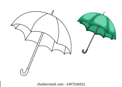 Objects Coloring Book for Preschool Kids with Stickers. Colorful and Colorless Versions of Umbrella. Ready for Print. Kids Activity Educational Printable