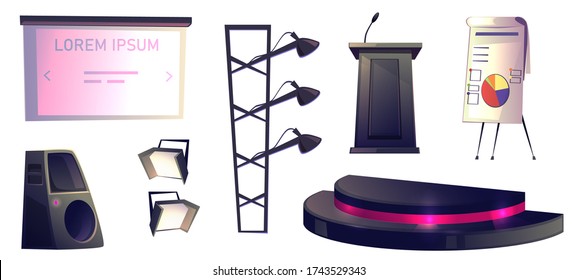 Objects for conference, pulpit or tribune with microphone, stage, lighting equipment with spotlights on rack, dynamic, screen for presentation and flip chart isolated on white, cartoon vector set