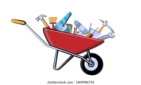 Objects of construction tools for home gardening repair in a construction cart, wheelbarrow: screwdrivers, wrenches, hammer, ladder, paintbrush, on a white background. Vector illustration