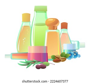 Objects Cosmetics creams and natural oils. Still life. Liquids for skin and hair care. Tinctures and medicinal useful nutritional compositions of substances. Isolated on white background. Vector.