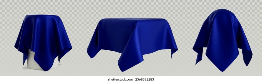 Objects covered with blue silk cloth set isolated on transparent background. Vector realistic illustration of 3d table and stage under satin drape, hidden surprise, award ceremony, presentation unveil