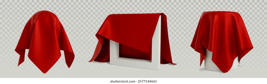 Objects covered with red silk cloth set isolated on transparent background. Vector realistic illustration of 3d frame and stage under satin drape, hidden surprise, award ceremony, presentation unveil