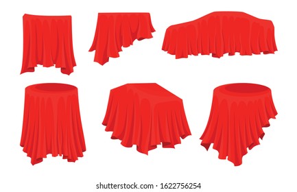 Objects Covered with Red Tablecloth Isolated on White Background Vector Set