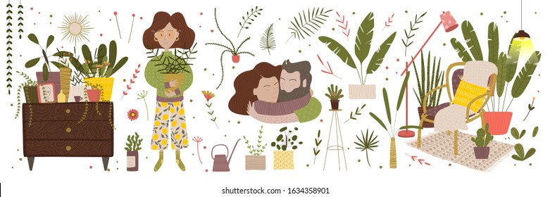 Objects for a cozy sweet home. home flowers and plants. minimalism, primitivism, abstraction. vector graphics, print, trend