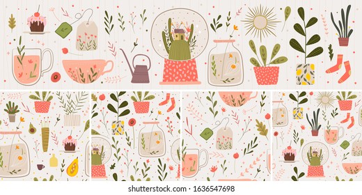 Objects for a cozy sweet home. home flowers and plants. minimalism, primitivism, abstraction. vector graphics, print, trend