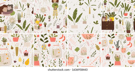 Objects for a cozy sweet home. home flowers and plants. minimalism, primitivism, abstraction. vector graphics, print, trend