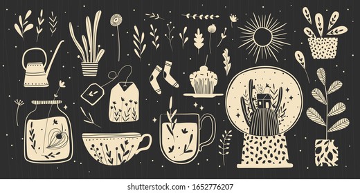 Objetos para un acogedor hogar dulce. flores y plantas en el hogar. minimalismo, primitivismo, abstracción. gráficos vectoriales, impresión, tendencia