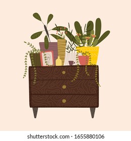 Objects for a cozy sweet home. home flowers and plants. minimalism, primitivism, abstraction. vector graphics, print, trend