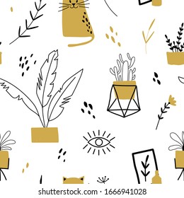 Objects for a cozy sweet home. home flowers and plants. minimalism, primitivism, abstraction. vector graphics, print, trend