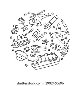 Objects for Defender of the Fatherland Day 23 february and Victory day 9 may. Hand drawn vector illustration on white background