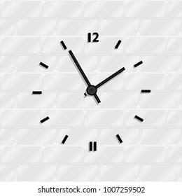 Objects are depicted in the form of a background of light bricks on which are located a designer clock with arrows and a figure of twelve.