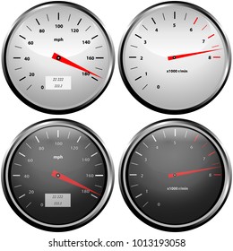 Objects are depicted in the form of a speedometer and a tachometer on a white and black background in a metal case with numbers and red arrows, a glass top with a glare.