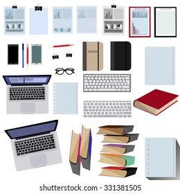 Objects from the desktop on a white background. Computer, telephone, books, notebooks, graphics, glasses,