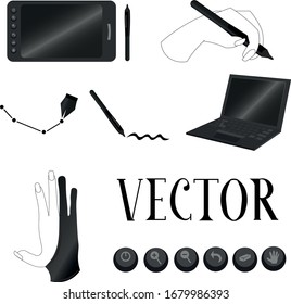Objects for digital drawing. Tablet, laptop and stylus. Freelance work at home. Designers and artists.
