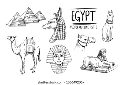 Objects of Egypt: camel, pyramids, sphinx, gods. Hand drawn sketch converted to vector. Isolaten on white background