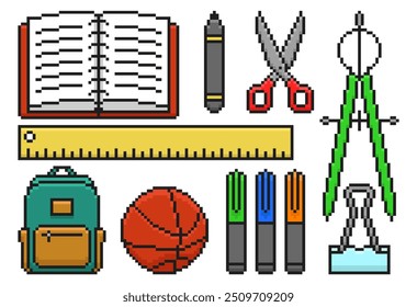 Objects and Elements on Theme Back to School in Pixel Style. Notebook, ruler, pen, scissors, text highlighter, backpack, ball, compasses. Vector illustration