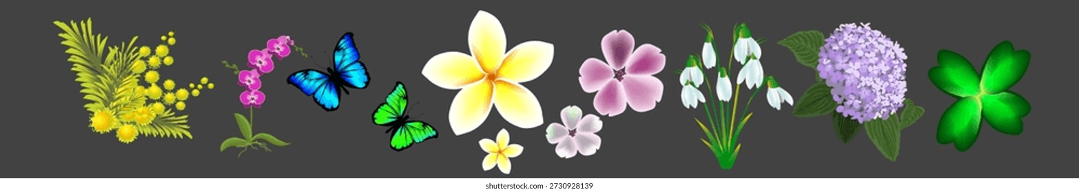 Objects flowers and butterflies gradient on gray background. Hand drawn. Not AI, vector illustration.