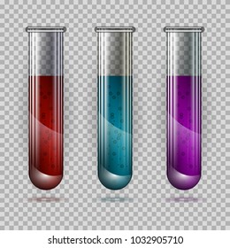 Objects in the form of equipment for the chemical laboratory. Transparent glass tubes with a chemical reagent or lilac, red and blue solution with bubbles, highlights and shadows.