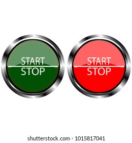 The objects in the form of a start button of the engine are red and green in a metal casing with white inscriptions, starting and stopping, flashing.