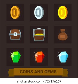 Objects for games. Vector cartoon icons for rpg. Coins, gems, chest, wallet. Fantasy objects for role-playing games.