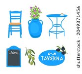 Objects of a Greek tavern, Greece. Table, chair, signboard, flowers in a pot, olives, olives. Vector set.