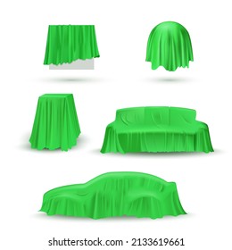 Objects in green cloth drapery set. Silk fabric covering gifts for surprise reveal vector illustration. Hidden car, sofa, table, circle under veil. Mysterious presentation event.