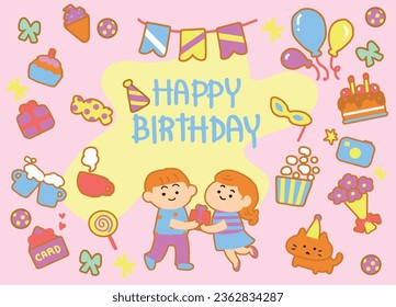 ็Group of objects for Happy birthday and party icon set cartoon style.