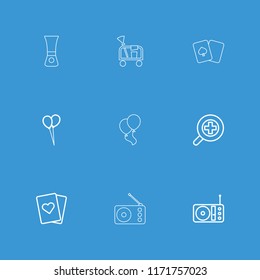 Objects icon. collection of 9 objects outline icons such as balloon, playing card, radio, zoom in, nail polish. editable objects icons for web and mobile.