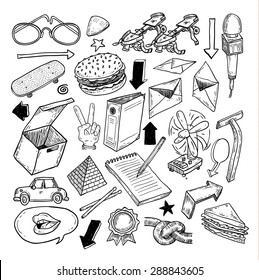 objects icon doodle set, hand drawn illustration.   
