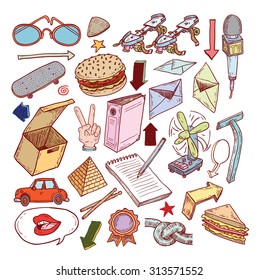objects icon doodle set, hand drawn illustration.   