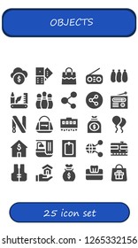  Objects Icon Set. 25 Filled Objects Icons. Simple Modern Icons About  - Funds, Domino, Bag, Radio, Balloons, Swiss Army Knife, Bowling Pins, Share, Key Ring, Train, Money Bag