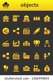 Objects Icon Set. 26 Filled Objects Icons.  Simple Modern Icons About  - House, Balloons, Bag, Share, Radio, Pen, Bowling, Swiss Army Knife, Sharing, Bath, Money Bag, Balloon