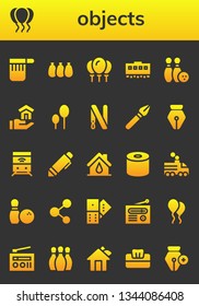 objects icon set. 26 filled objects icons.  Simple modern icons about  - Bag, Balloons, Train, Bowling, House, Key ring, Pen, Tissue, Share, Domino, Radio, Balloon