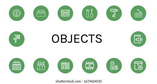 conjunto de iconos de objetos. Colección de Pen, Tissue, Radio, Mascara, Stabilizer, Bowling, House, Rom, Money bag, Add package, Tattoo machine, iconos del libro de audio