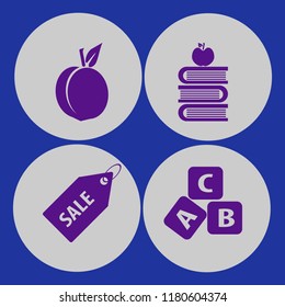 objects icon. objects vector icons set sale tag, abc cubes, books and apple and peach