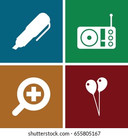 Objects icons set. set of 4 objects filled icons such as balloon, radio, zoom in