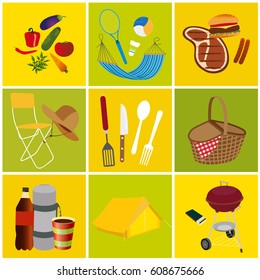 objects icons set for picnic and recreation