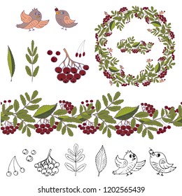 Objects isolated on white background. Set of elements with floral wreath and endless horizontal brush