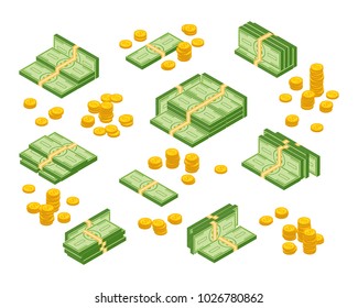 Objects isolated on a white background.Various money bills dollar cash paper bank notes and gold coins vector set. Money cash heap, pile and stack money illustration.