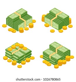 Objects isolated on a white background.Various money bills dollar cash paper bank notes and gold coins vector set. Money cash heap, pile and stack money illustration.
