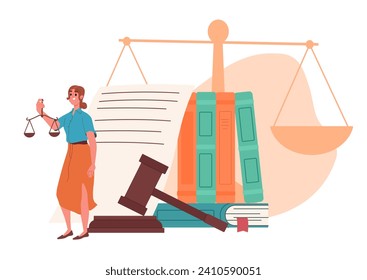 Objects of judges concept. Woman with scales and judges gavel. Jurisprudence and legal support of transaction. Judge and lawyer. Cartoon flat vector illustration isolated on white background